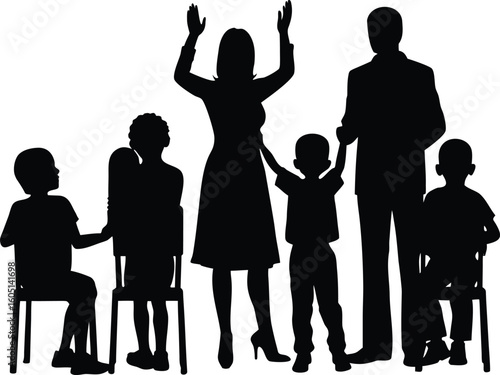 parents taking parenting class silhouette,parents in seminar with notebooks silhouette