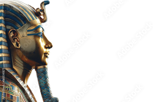 Closeup statue of Egyptian pharaoh with crown on transparent background
