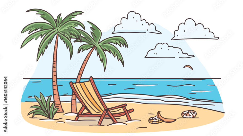 Obraz premium Vivid Cartoon Beach Scene with a Beautiful Sunset and Palm Trees