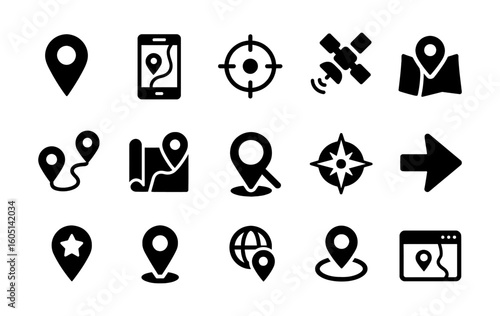 Navigation and map icons set. Pin, map, route, target, satellite, compass, direction, location