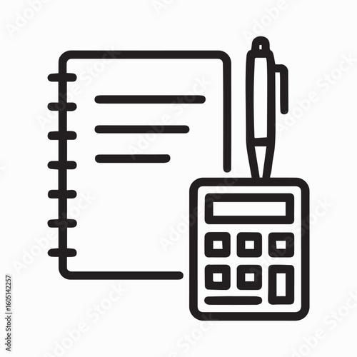 Workspace with notebook pen and calculator