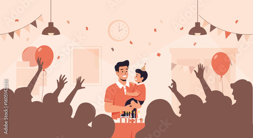 Father And Son Celebrate Birthday Among Friends In Festive Party Interior