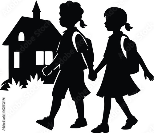 siblings walking to school silhouette,children with backpacks walking silhouette