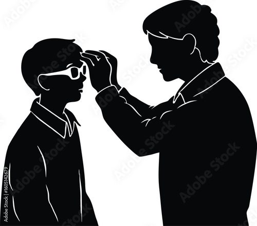 teen adjusting elder glasses silhouette,teen helping grandpa see silhouette
