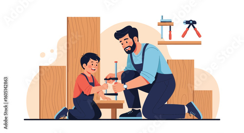 Father And Son Engaging Together In A Carpentry Woodworking Project At Home