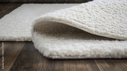 Close up of a soft white rug on a wood floor with the edge of the rug being folded over slightly