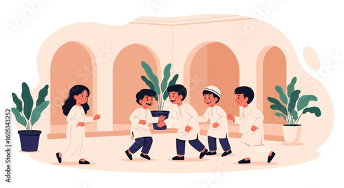 Joyful Eid Celebrations Children Gather with Festive Cheerfulness and Traditional Clothes