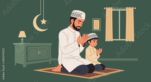 Father And Son Praying Together Illustrating Faith and Family Values