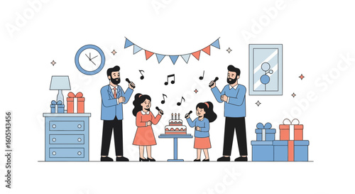 Joyful Family Celebrates a Lively Birthday Party Singing Karaoke Together at Home