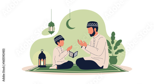 Father And Son Praying Together, Celebrating Islamic Culture And Tradition