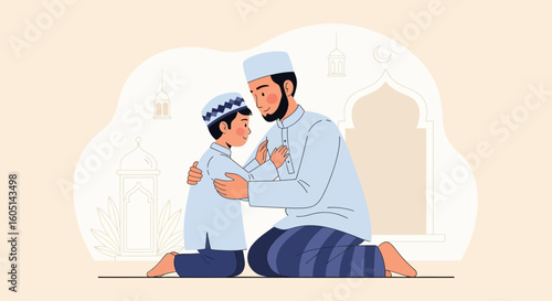 Father And Son Praying Together Illustrating Islamic Traditions During Ramadan