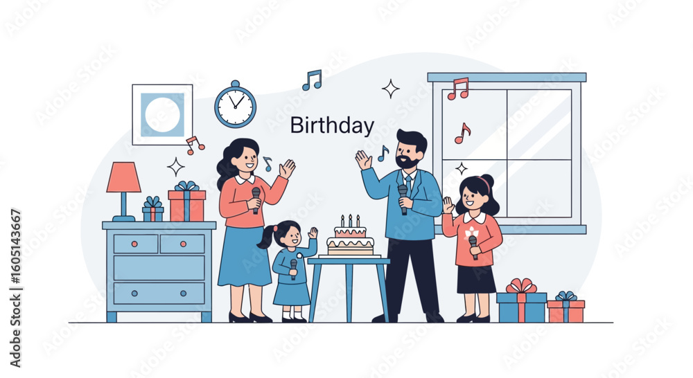 Obraz premium Joyful Family Celebration Enjoying Karaoke Birthday Party At Home With Gifts