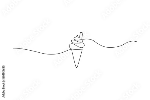 Single-line drawing of an ice cream cone with a wavy line Simple illustration