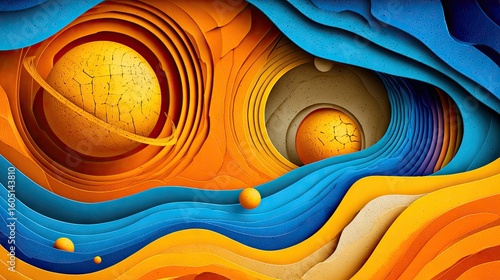 Abstract layered design with vibrant colors and 3D spheres.