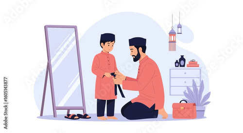 Father Helps His Son Getting Ready For Eid Celebration At Home Together