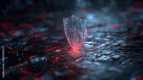 A digital shield symbolizing cybersecurity, glowing red against a dark, high-tech background filled with circuits.