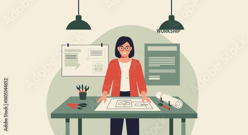 Focused Architect Works On Blueprints At Table In Brightly Lit Studio