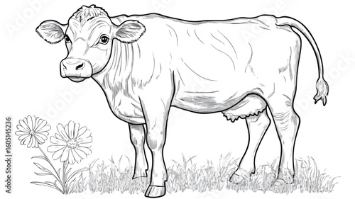 Whimsical Cow Drawing with Colorful Flower - Creative Coloring Image