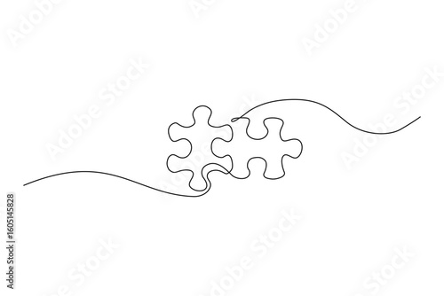 A continuous, single line art illustration of two puzzle pieces intertwined Illustrates connection