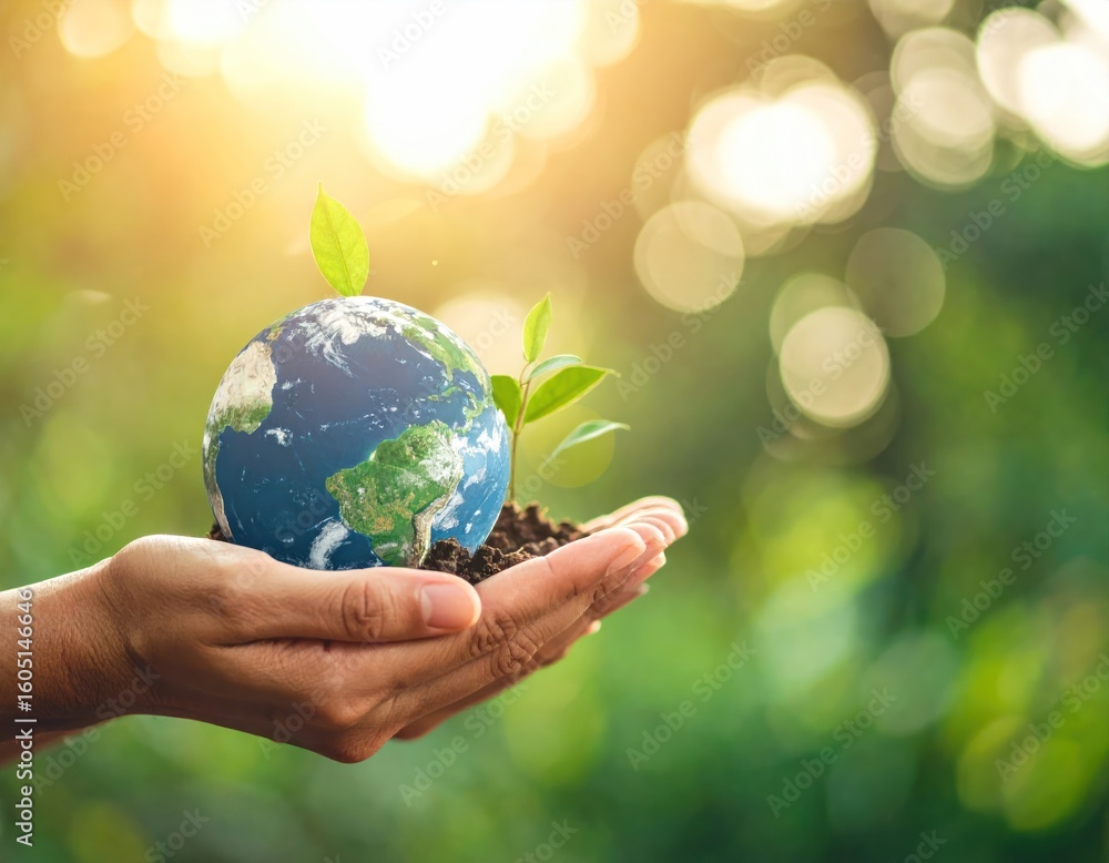 Earth held in cupped hands, sprouting plant Earth held in cupped hands, sprouting plant