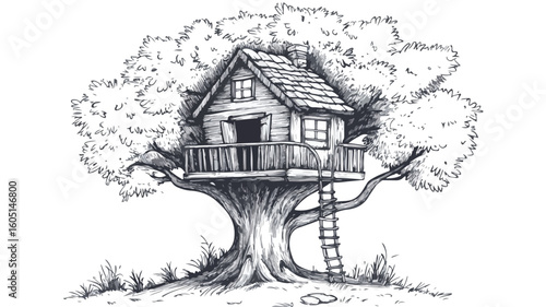 Enchanting Tree House Illustration with Detailed Treehouse Design