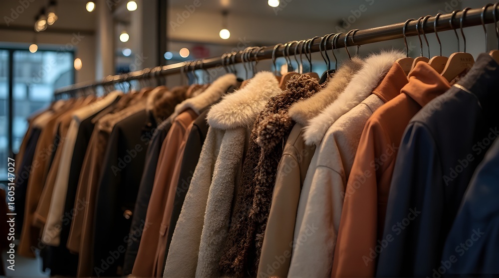 Obraz premium Close-up of Winter Coats and Jackets on Hangers