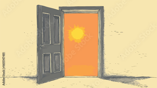Unique Drawing of Open Door with Sunlight - Creative Concept for Design Projects