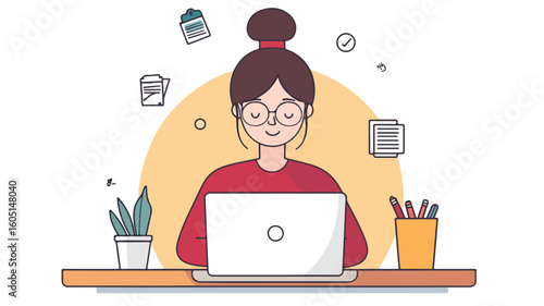 Professional Woman Working on Laptop at Office Desk Illustration