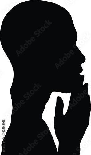 Silhouette of thoughtful person, hand on chin, deep contemplation, introspective pose, isolated on white background, reflection