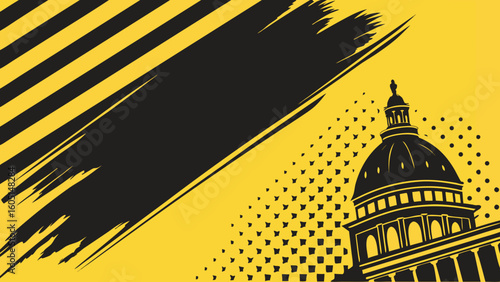 black silhouette of a capitol building on a yellow backdrop with distressed brush strokes and halftone dots.