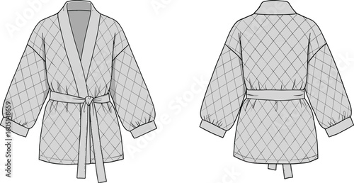 Quilted jacket CAD drawing, flat vector fashion illustration, front back view, cozy loungewear, belted coat, detailed garment sketch