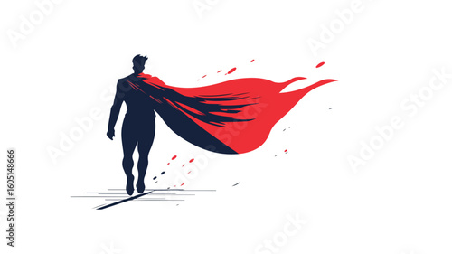 Superhero flying in red cape through the air at high speed