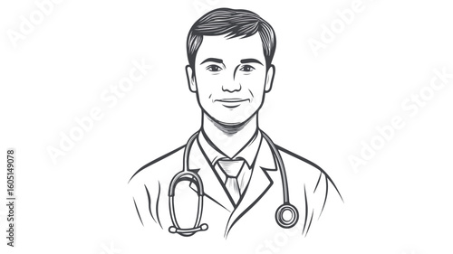 Professional Male Doctor with Stethoscope in Simple Line Art Style