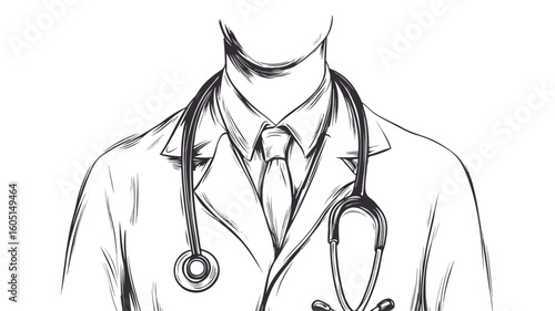 Professional Male Doctor with Stethoscope in Simple Line Art Style