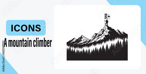Mountain Climber Icon Reaching the Summit - Vector Illustration