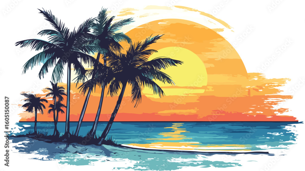 Obraz premium Sunny Tropical Beach Palm Trees Painting