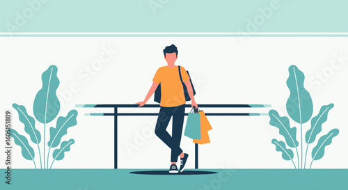 Man Leaning Against Railing With Shopping Bags In Flat Style Vector Art