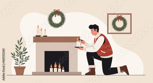 Man Lights Christmas Candles Arranging Festive Atmosphere Home Interior Decoration