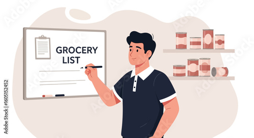 Man Making a Grocery List on a Whiteboard for the Supermarket Shopping