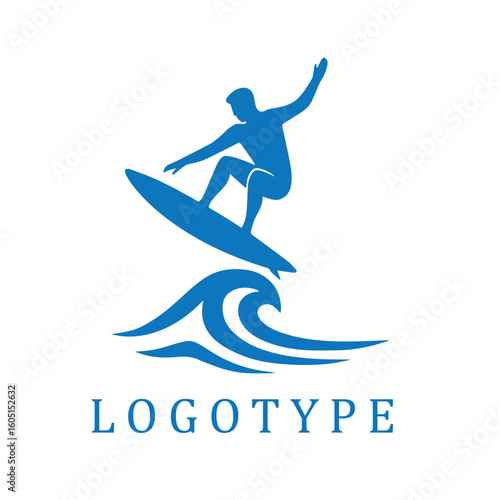 A blue-and-white minimalist logo showing a male surfer performing an aerial trick above a stylized wave, emphasizing motion and clean design.