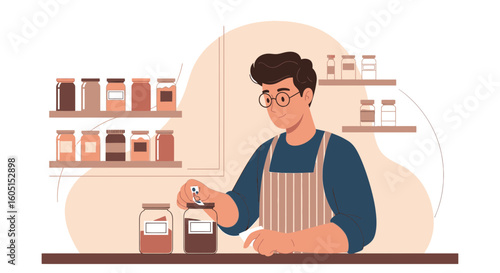 Man Opening Preserved Food Jar In Pantry For Home Food Storage