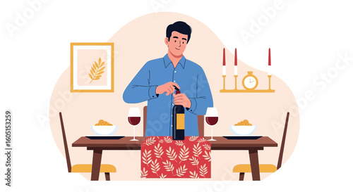 Man Opens Wine Bottle Preparing For Dinner At Home Decoration Illustration