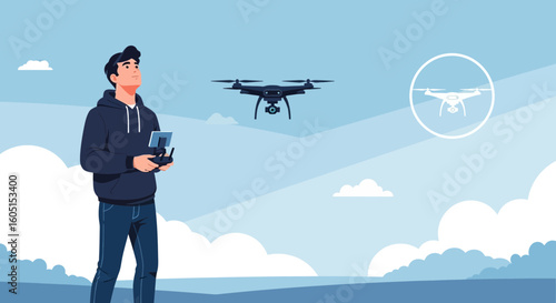 Man Operating Drone Remote Control Against A Blue Sky And Clouds Backdrop