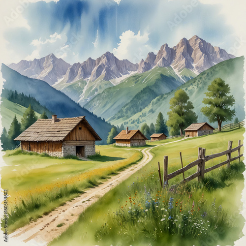 Wallpaper Mural Watercolor illustration of a summer scene in the Julian Alps, Italy’s Friuli-Venezia Giulia region Rolling green pastures with old wooden barns and wildflowers leading to limestone peaks. Torontodigital.ca