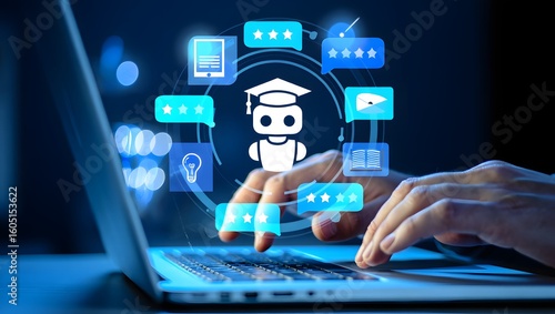 AI-powered teaching solutions. Intelligent tutoring systems and personalized learning. Man using laptop computer to learn with artificial intelligence tutor.