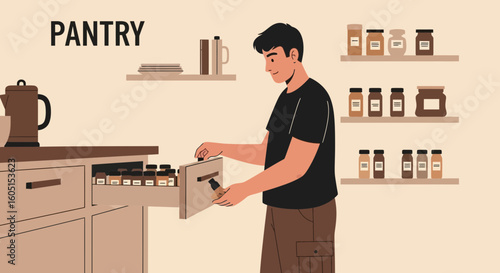 Man Organising Spices and Jars In Kitchen Pantry Drawer And Storage Shelves