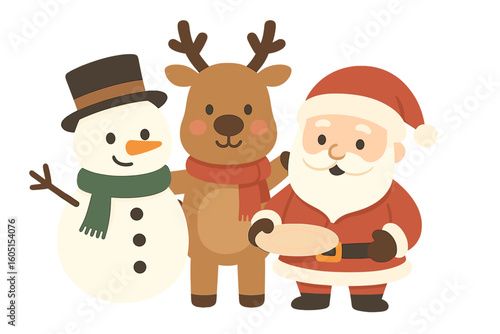 Vector New Year menu banner template featuring cartoon quirky Santa Claus, reindeer, and frosty snowman, promoting family togetherness and Christmas breakfast fun for kids on a holiday celebration
