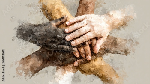 Diversity and Unity: Watercolor Painting of Intertwined Hands