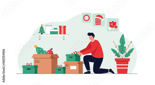 Man Organizing Festive Christmas Decorations Putting Them Away After Season