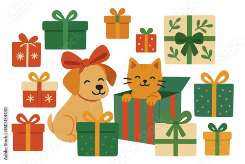 A hand-drawn vector abstract depiction of a fun and festive Merry Christmas and Happy New Year celebration, featuring cartoon illustrations of cute dogs, Xmas gift boxes, and isolated canine figures